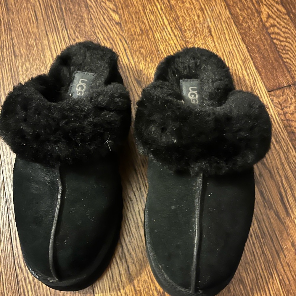 UGG Black Platform Plush Slippers